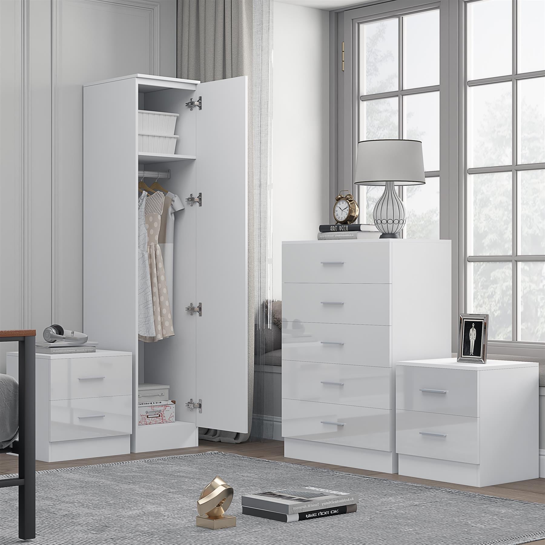 Reflect 1 Door Plain Wardrobe, 5 Drawer Chest, 2x 2 Drawer Bedsides - White Gloss & Matt White - Modern Bedroom Furniture Set
