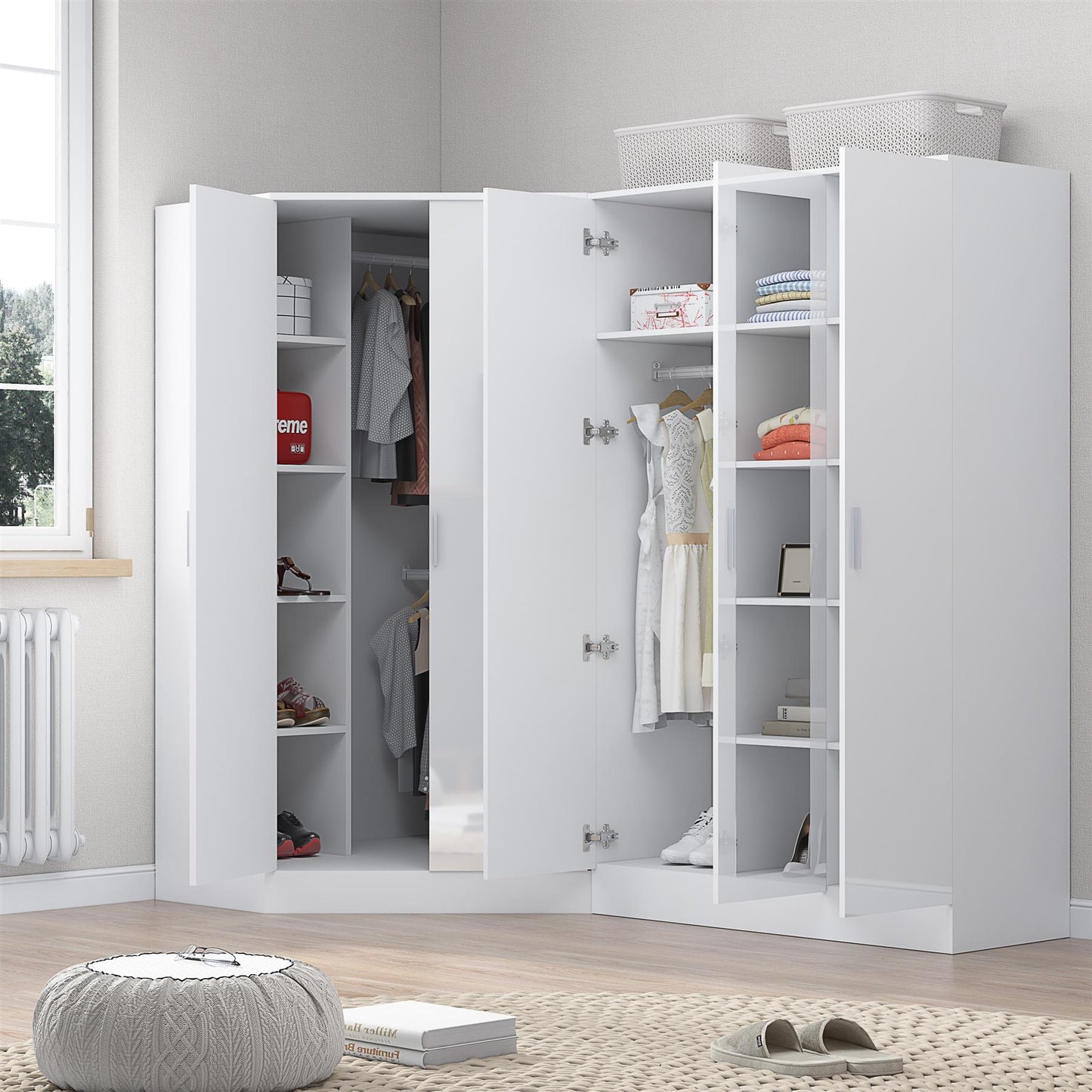 Reflect 2pc Wardrobe Bundle - 2 Door Corner + 3 Door Mirror - White Gloss & Matt White