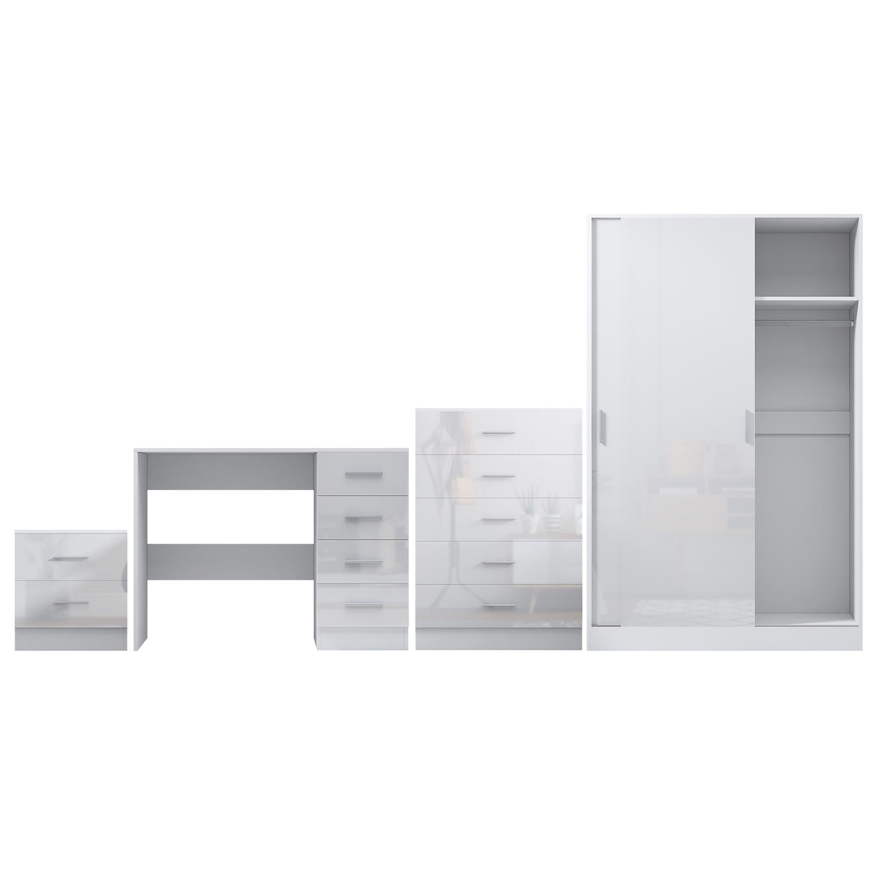 Reflect 2 Door Sliding Wardrobe, 5 Drawer Chest, 2 Drawer Bedside & Desk - White Gloss & Matt White - Modern Bedroom Furniture Set