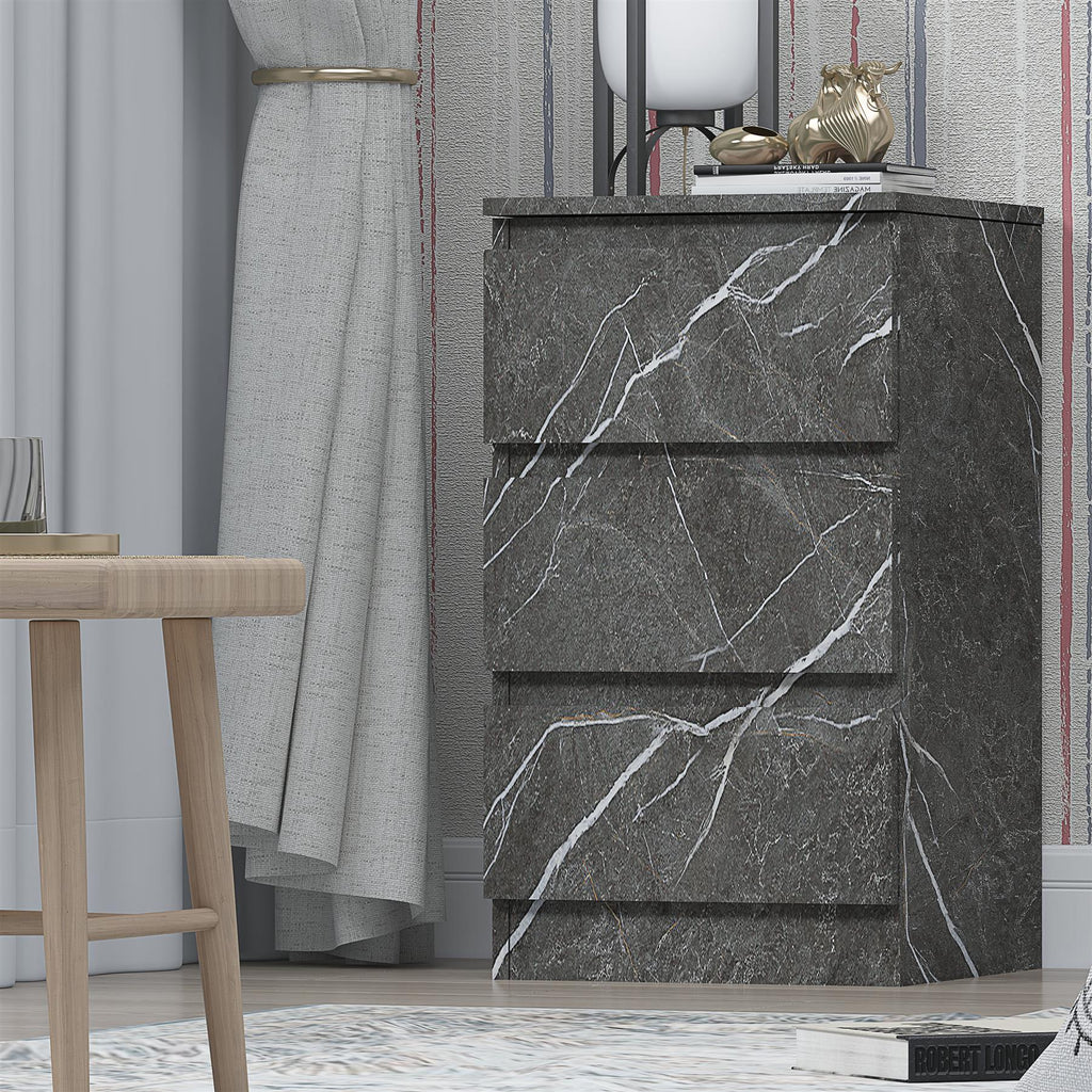 ZITA Grey Marble Effect 3 Drawer Bedside Table - Modern Nightstand, Stylish Bedroom Furniture
