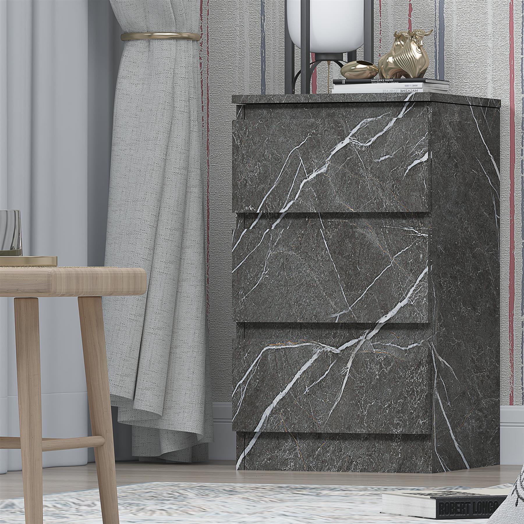 ZITA Grey Marble Effect 3 Drawer Bedside Table - Modern Nightstand, Stylish Bedroom Furniture
