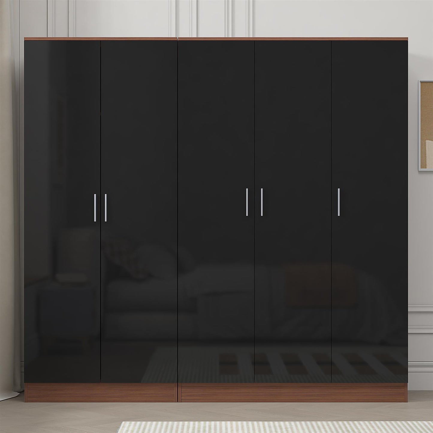 Reflect 2pc Wardrobe Bundle - 3 Door Plain + 2 Door Plain - Black Gloss & Walnut