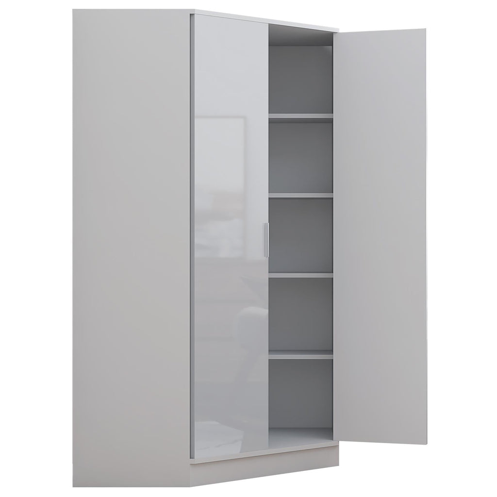 Reflect 2 Door Corner Wardrobe - White Gloss & Matt White - 2 Hanging Rails & 8 Shelves - H: 180cm x W: 103cm - Modern Design