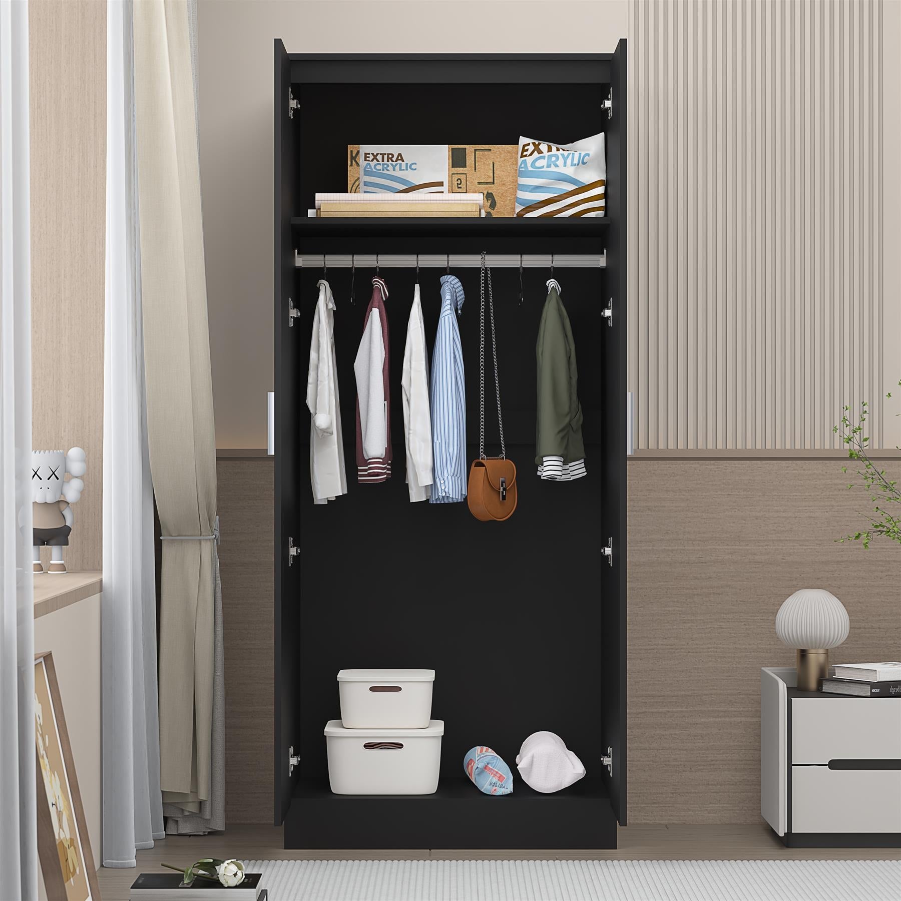 Reflect 2 Door Plain Wardrobe - Black Gloss & Black Oak - Hanging Rails & Shelves - H: 180cm x W: 76cm - Modern Sleek Design