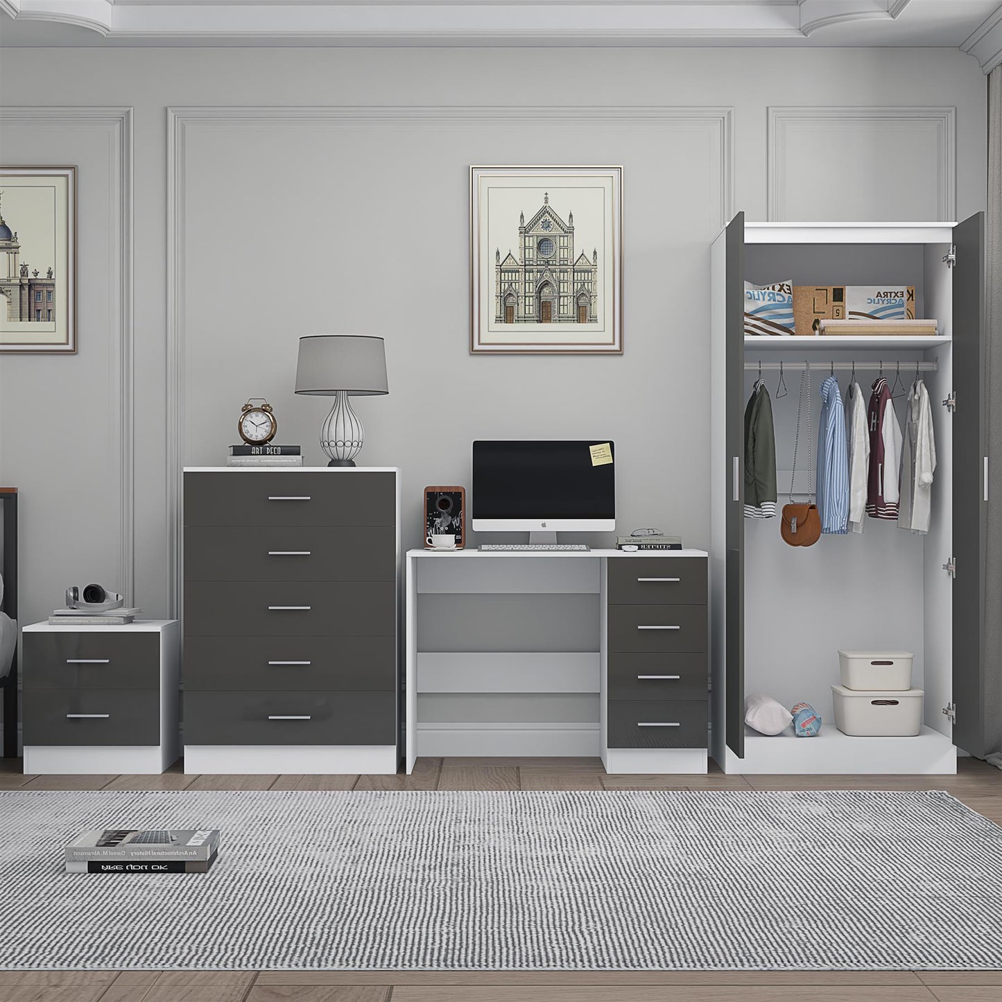 REFLECT Gloss 4pc Bedroom Set - 2 Door Wardrobe + 5 Draw Chest + Bedside + Desk