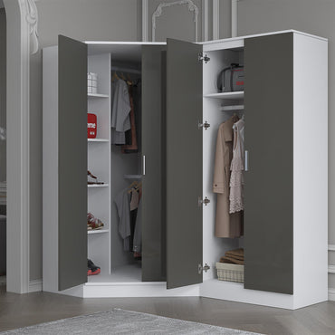 Reflect 2pc Wardrobe Bundle - 2 Door Corner + 2 Door Plain - Grey Gloss & Matt White