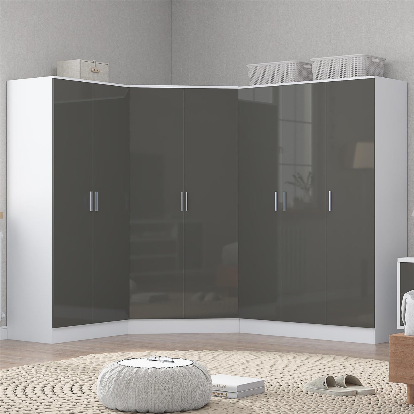 Reflect 4pc Wardrobe Bundle - 2 Door Corner + 3 Door Plain + 2 Door Plain - Grey Gloss & Matt White
