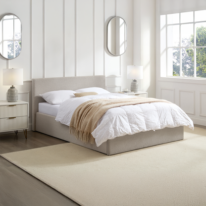 TEDDY BOUCLE 5FT King Beige Ottoman Storage Bed Gas Lift Up with 25cm Memory Foam Mattress