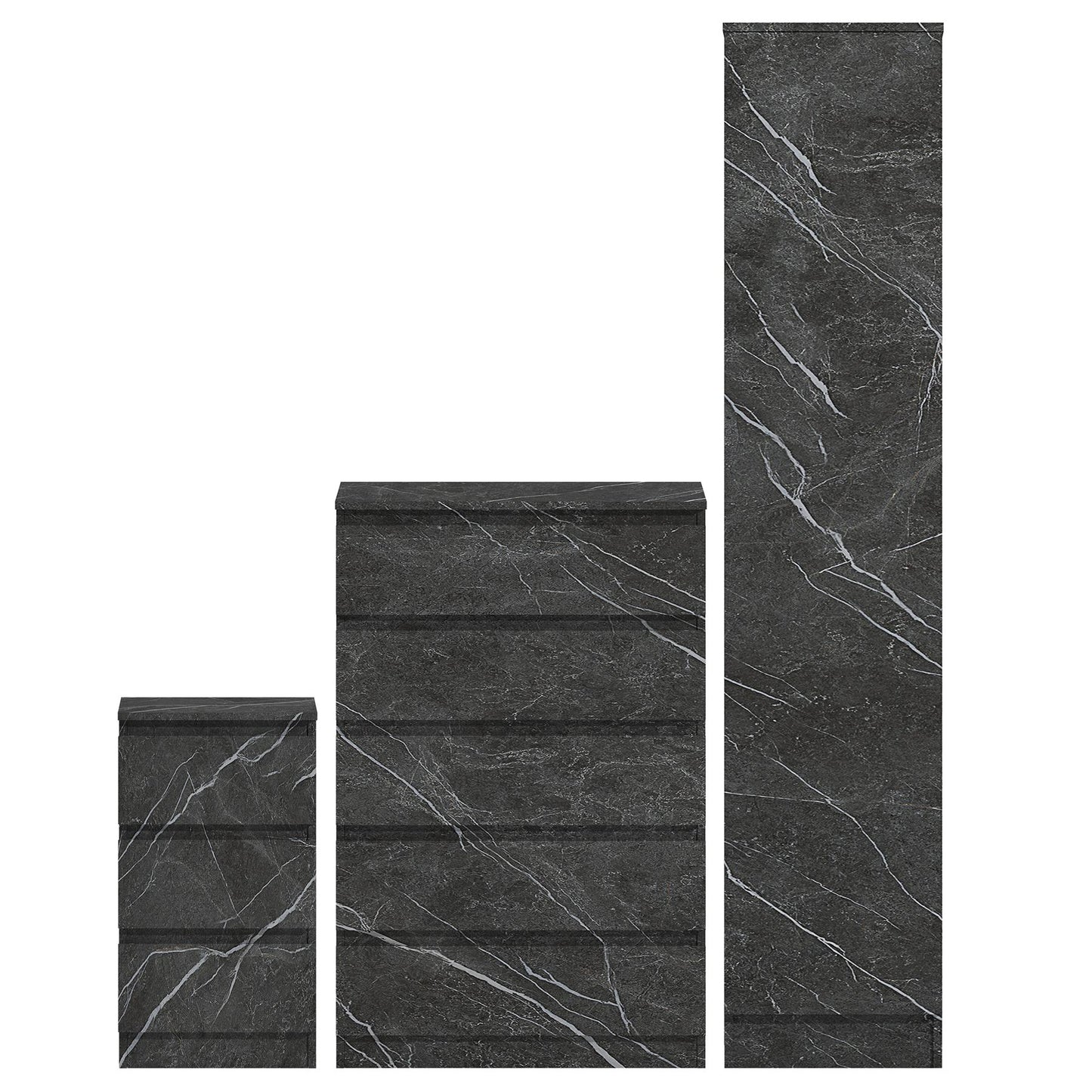ZITA Grey Marble Effect 3 Piece Bedroom Set - 1-Door Wardrobe, Chest & Bedside Table, Stylish Modern Storage Furniture