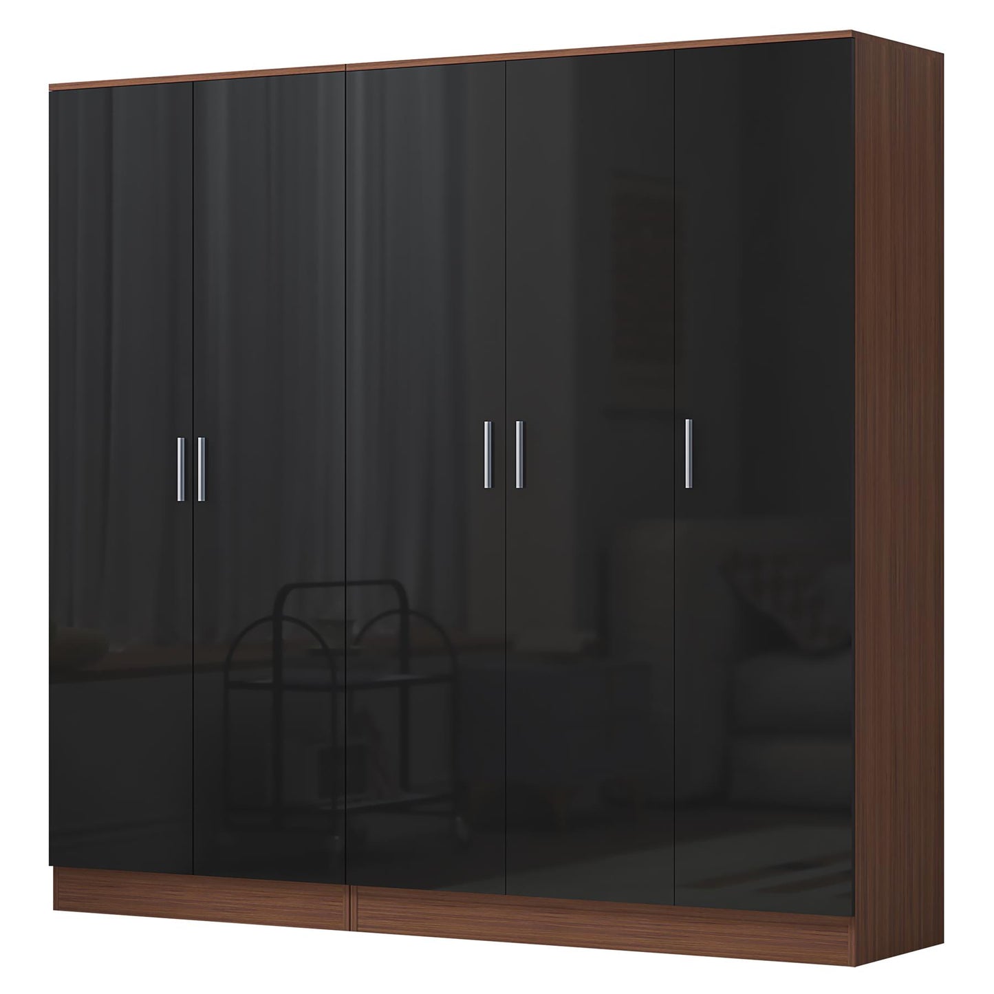 Reflect 2pc Wardrobe Bundle - 3 Door Plain + 2 Door Plain - Black Gloss & Walnut