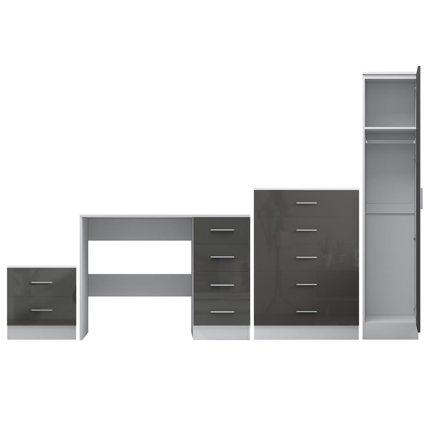 REFLECT Gloss 4pc Bedroom Set - 1 Door Wardrobe + 5 Draw Chest + Bedside + Desk