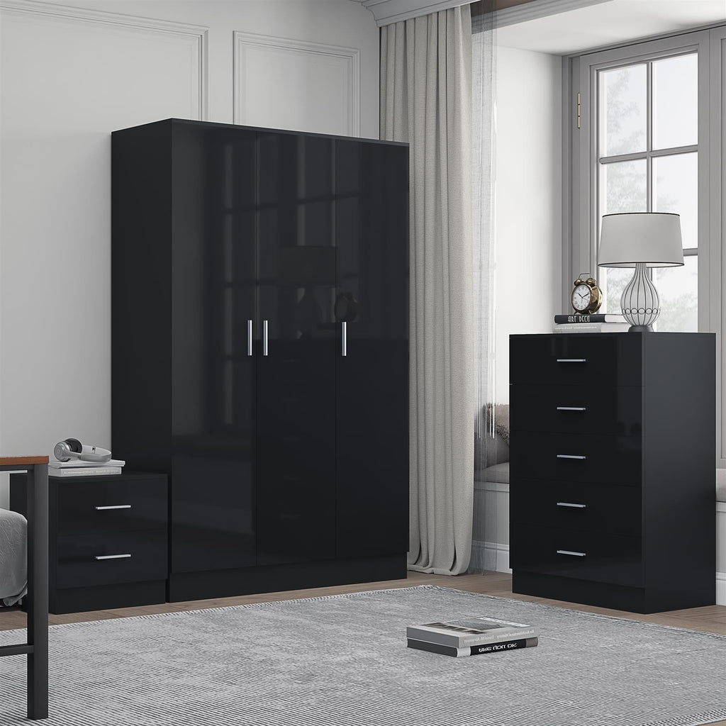 REFLECT Gloss 3pc Bedroom Set - 3 Door Wardrobe + 5 Draw Chest + Bedside