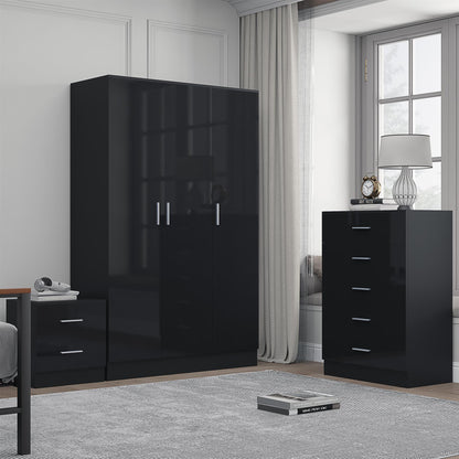 REFLECT Gloss 3pc Bedroom Set - 3 Door Wardrobe + 5 Draw Chest + Bedside