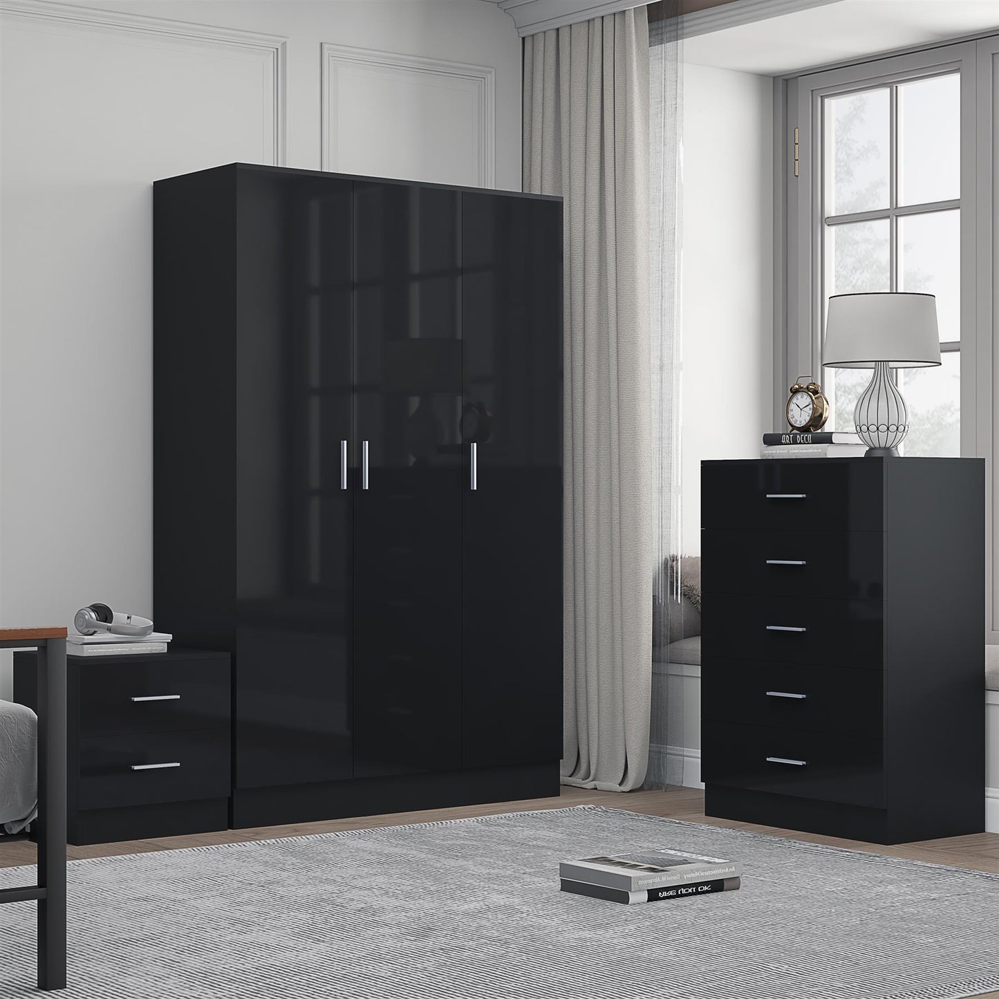 Reflect 3 Door Plain Wardrobe, 5 Drawer Chest, 2 Drawer Bedside - Black Gloss & Black Oak - Modern Bedroom Furniture Set