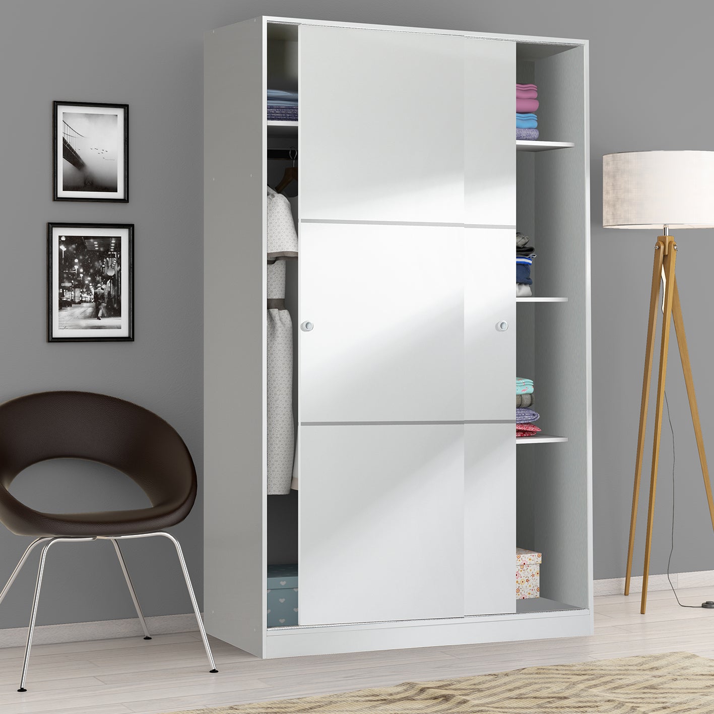 TOP White 2 Door Large Modern Sliding Bedroom Wardrobe