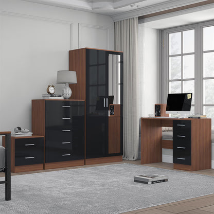 REFLECT Gloss 4pc Set - 2 Door Mirrored Wardrobe + 5 Draw Chest + Bedside + Desk
