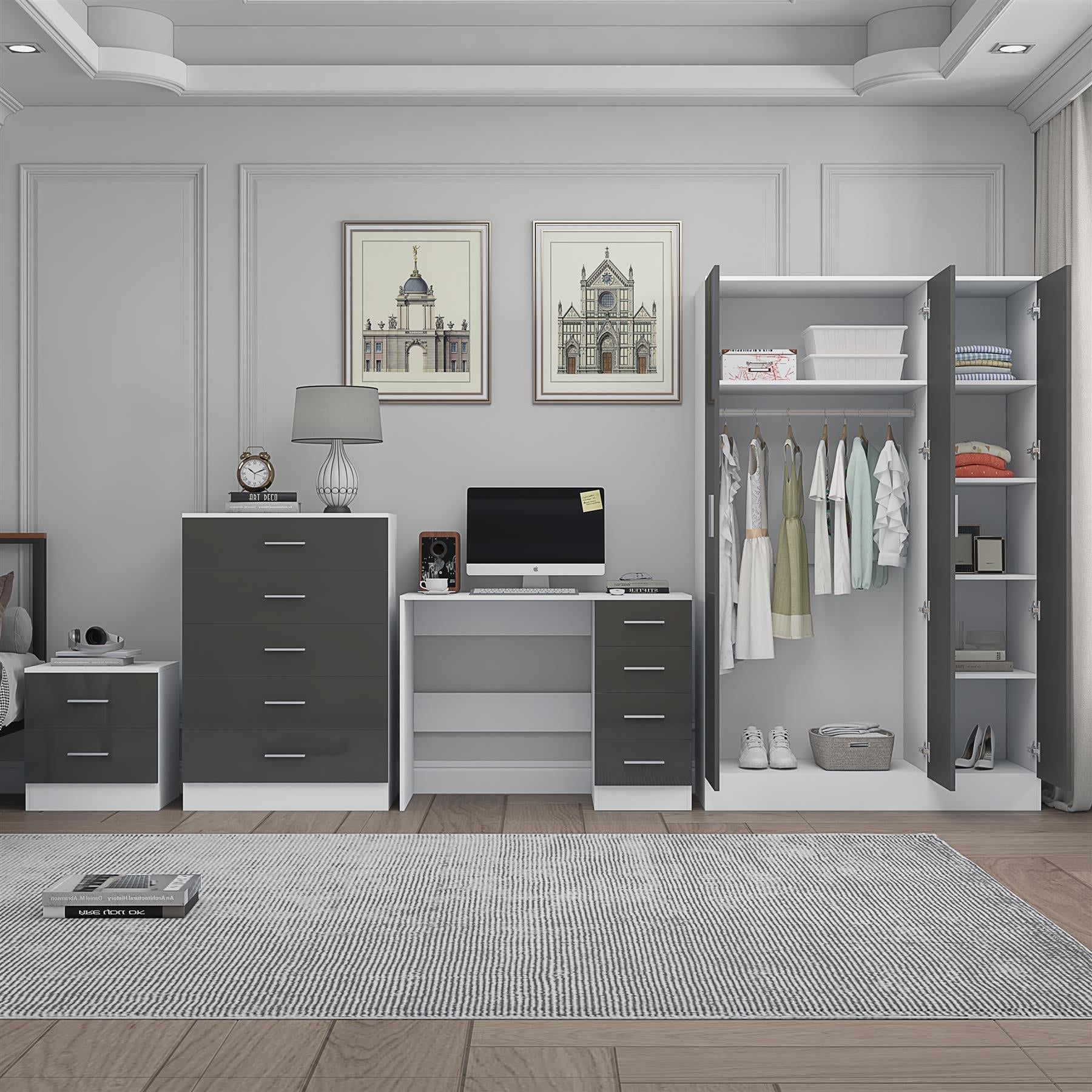 REFLECT Gloss 4pc Bedroom Set - 3 Door Wardrobe + Tall Chest + Bedside + Desk