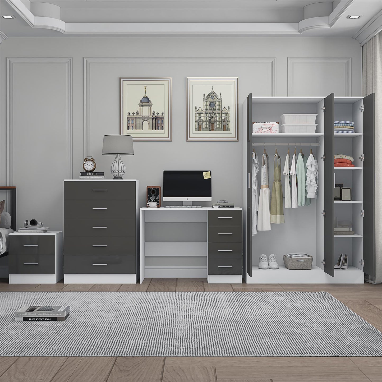 Reflect 3 Door Plain Wardrobe, 5 Drawer Chest, 2 Drawer Bedside & Desk - Grey Gloss & Matt White - Modern Bedroom Furniture Set