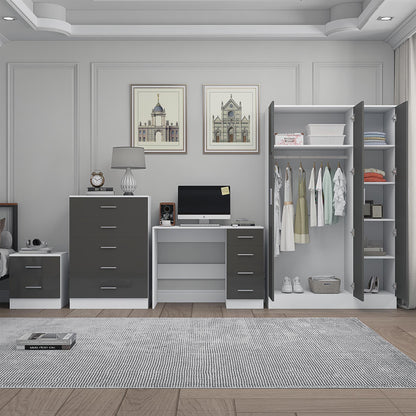 Reflect 3 Door Plain Wardrobe, 5 Drawer Chest, 2 Drawer Bedside & Desk - Grey Gloss & Matt White - Modern Bedroom Furniture Set