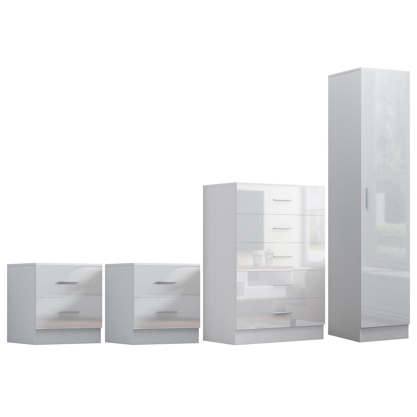 Reflect 1 Door Plain Wardrobe, 5 Drawer Chest, 2x 2 Drawer Bedsides - White Gloss & Matt White - Modern Bedroom Furniture Set