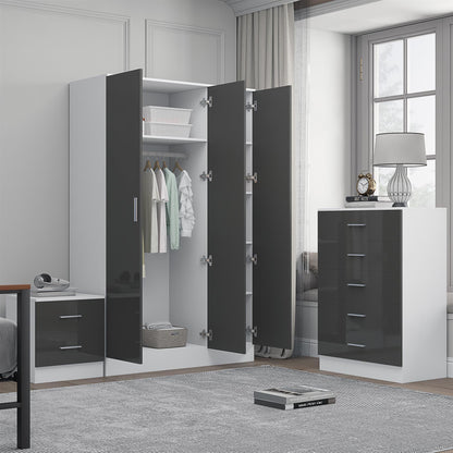 Reflect 3 Door Plain Wardrobe, 5 Drawer Chest, 2 Drawer Bedside - Grey Gloss & Matt White - Modern Bedroom Furniture Set