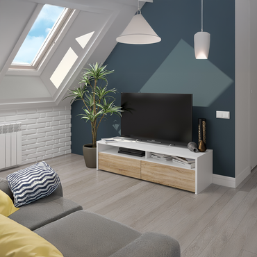 KIOTO 2 Door TV Unit in Oak & Satin White- Modern Media Cabinet with Storage