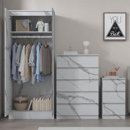 ZITA 3pc Set - 2 Door Wardrobe + Tall Chest + Bedside in White OR Grey Marble