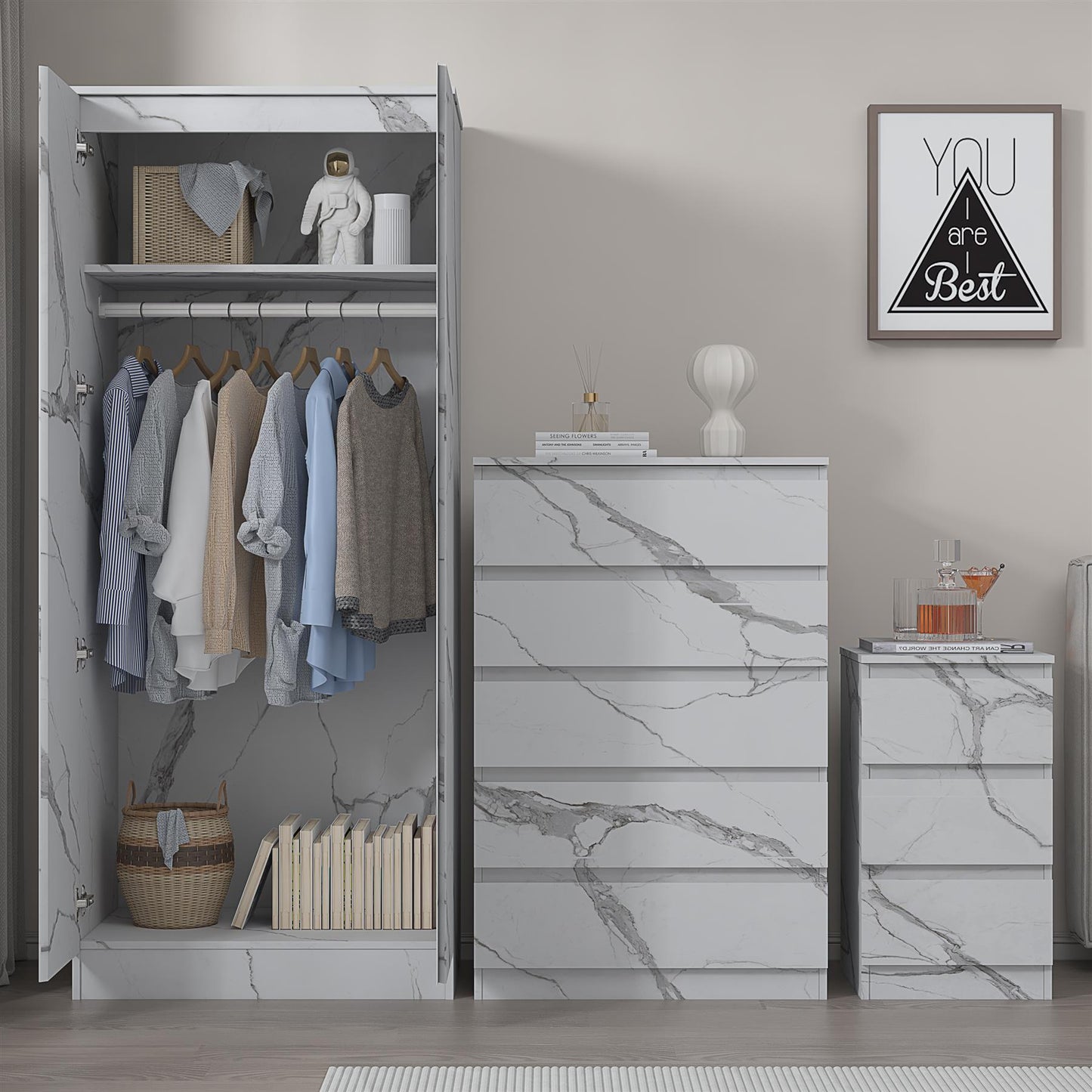 ZITA White Marble Effect 3 Piece Set - 2 Door Wardrobe, 5 Drawer Chest & 3 Drawer Bedside, Stylish Bedroom Storage