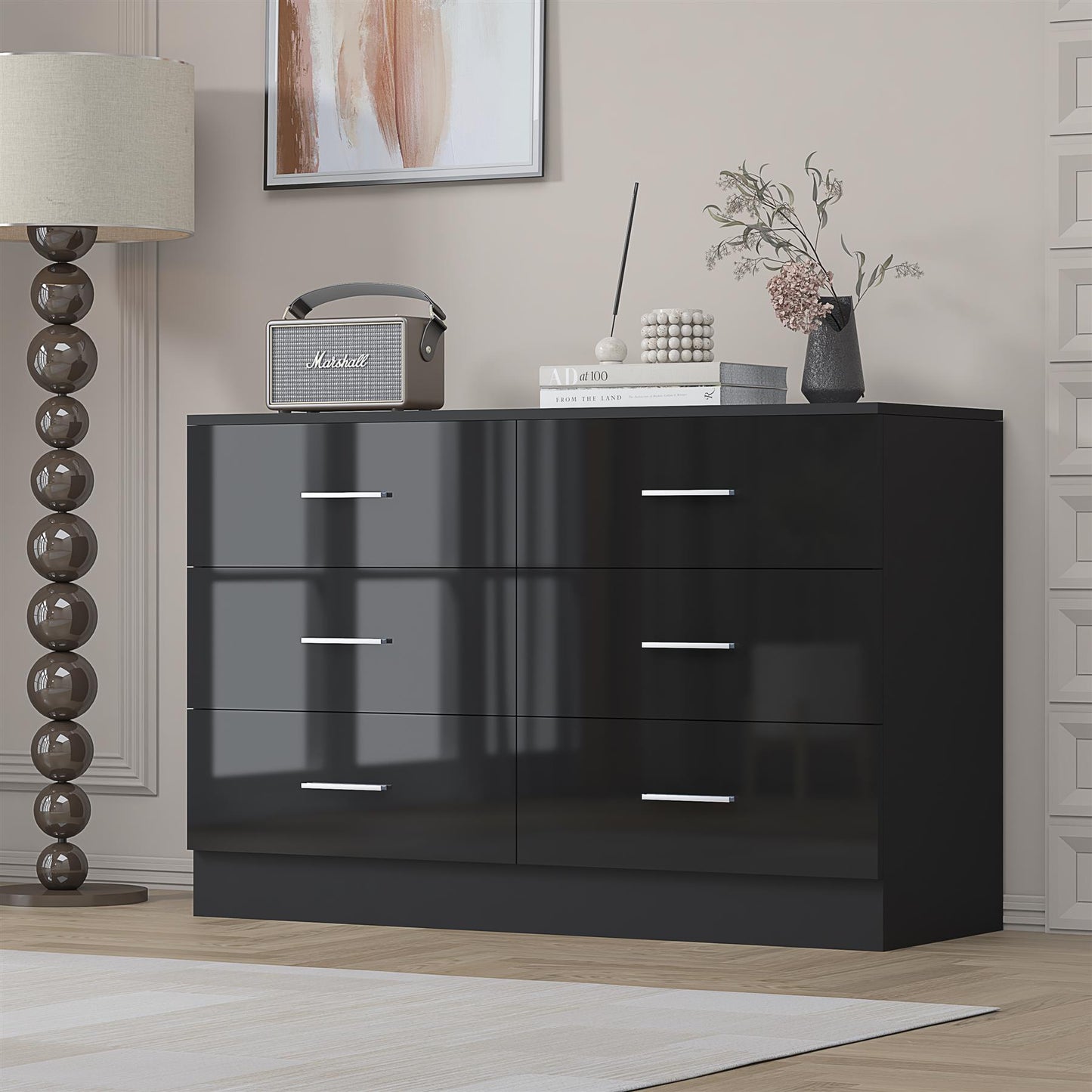 REFLECT Gloss Bedroom Furniture Wide 6 Drawer Chest of Drawers - 4 Colour Option