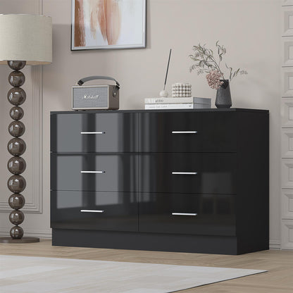 Reflect Wide 6 Drawer Chest - Black Gloss & Matt Black - Modern Bedroom Storage Unit with Drawers