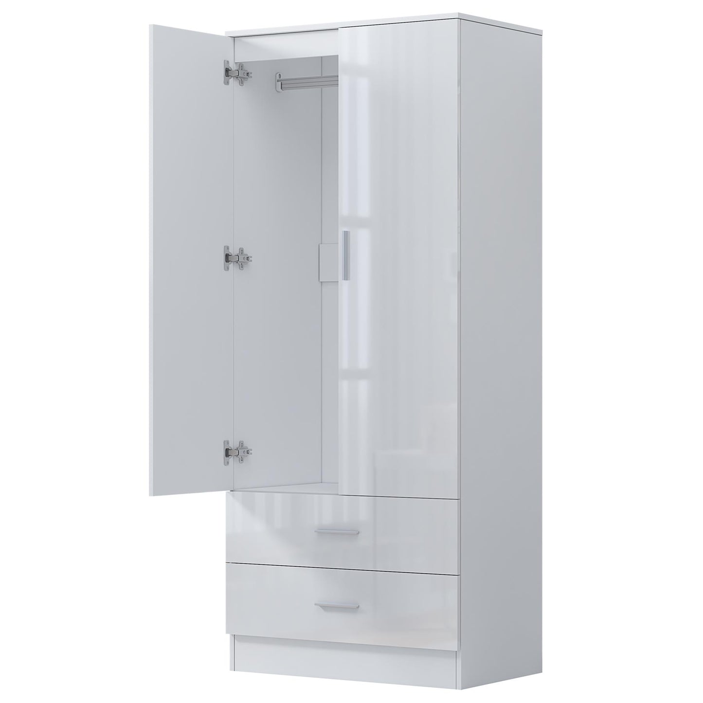 Reflect 2 Door 2 Drawer Combi Plain Wardrobe - White Gloss & Matt White - Hanging Rails, Drawers & Shelf