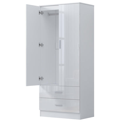 Reflect 2 Door 2 Drawer Combi Plain Wardrobe - White Gloss & Matt White - Hanging Rails, Drawers & Shelf