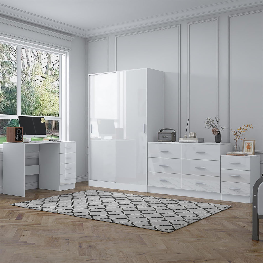 Reflect 2 Door Sliding Wardrobe, 6 Drawer Wide Chest, 3 Drawer Bedside, 4 Drawer Desk - White Gloss & Matt White - Modern Bedroom Furniture Set.