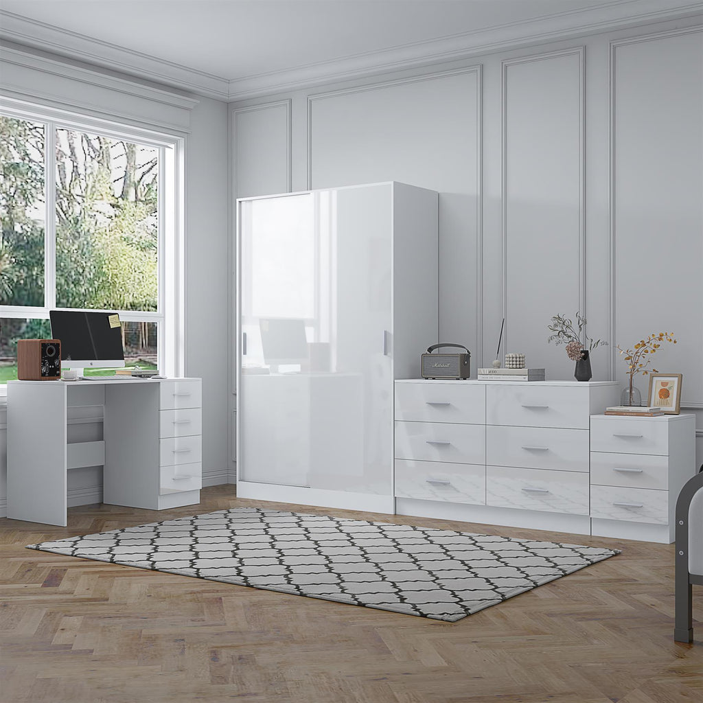 Reflect 2 Door Sliding Wardrobe, 6 Drawer Wide Chest, 3 Drawer Bedside, 4 Drawer Desk - White Gloss & Matt White - Modern Bedroom Furniture Set