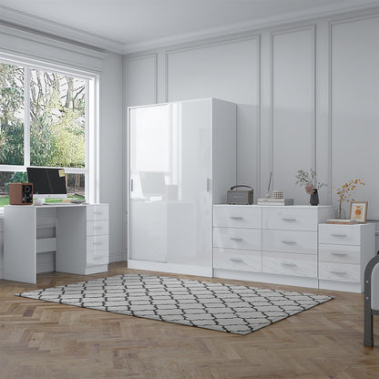 Reflect 2 Door Sliding Wardrobe, 6 Drawer Wide Chest, 3 Drawer Bedside, 4 Drawer Desk - White Gloss & Matt White - Modern Bedroom Furniture Set