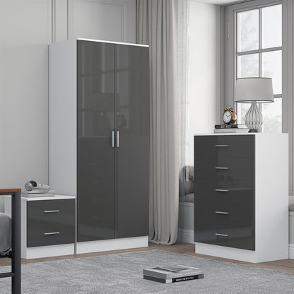 REFLECT Gloss 3pc Bedroom Set - 2 Door Wardrobe + 5 Draw Chest + Bedside