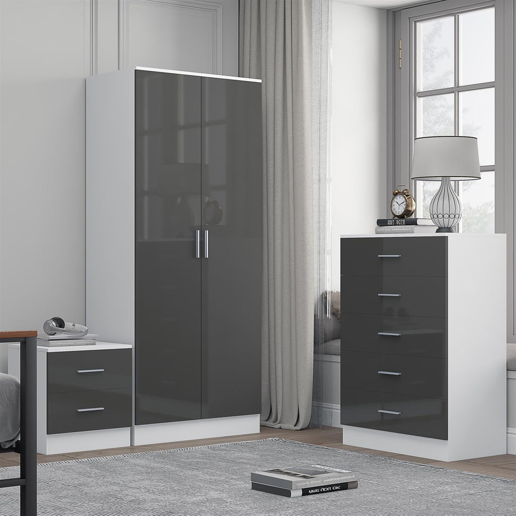 Reflect 2 Door Plain Wardrobe, 5 Drawer Chest, 2 Drawer Bedside - Grey Gloss & Matt White - Modern Bedroom Furniture Set