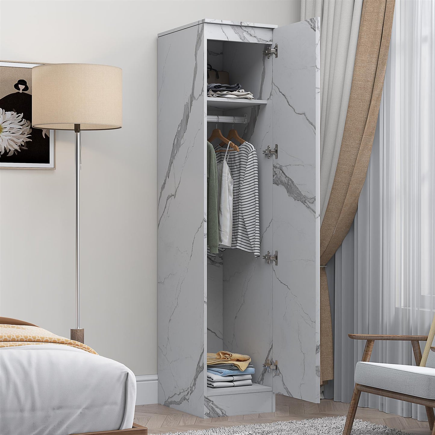 ZITA Bedroom Furniture Range Wardrobe Chest Bedside in White Marble Effect
