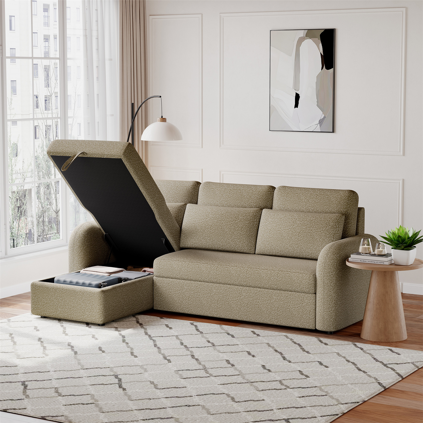 FLYN - 3 Seater L Shape Corner Sofabed in Teddy Boucle TAUPE