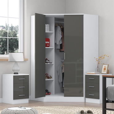 Reflect 3pc Wardrobe Bundle - 2 Door Corner + 2x 3 Drawer Bedsides - Grey Gloss & Matt White