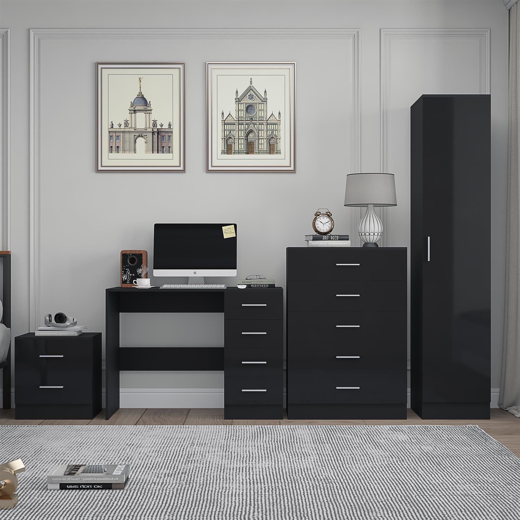 Reflect 1 Door Plain Wardrobe, 5 Drawer Chest, 2 Drawer Bedside & Desk - Black Gloss & Black Oak - Bedroom Furniture Set