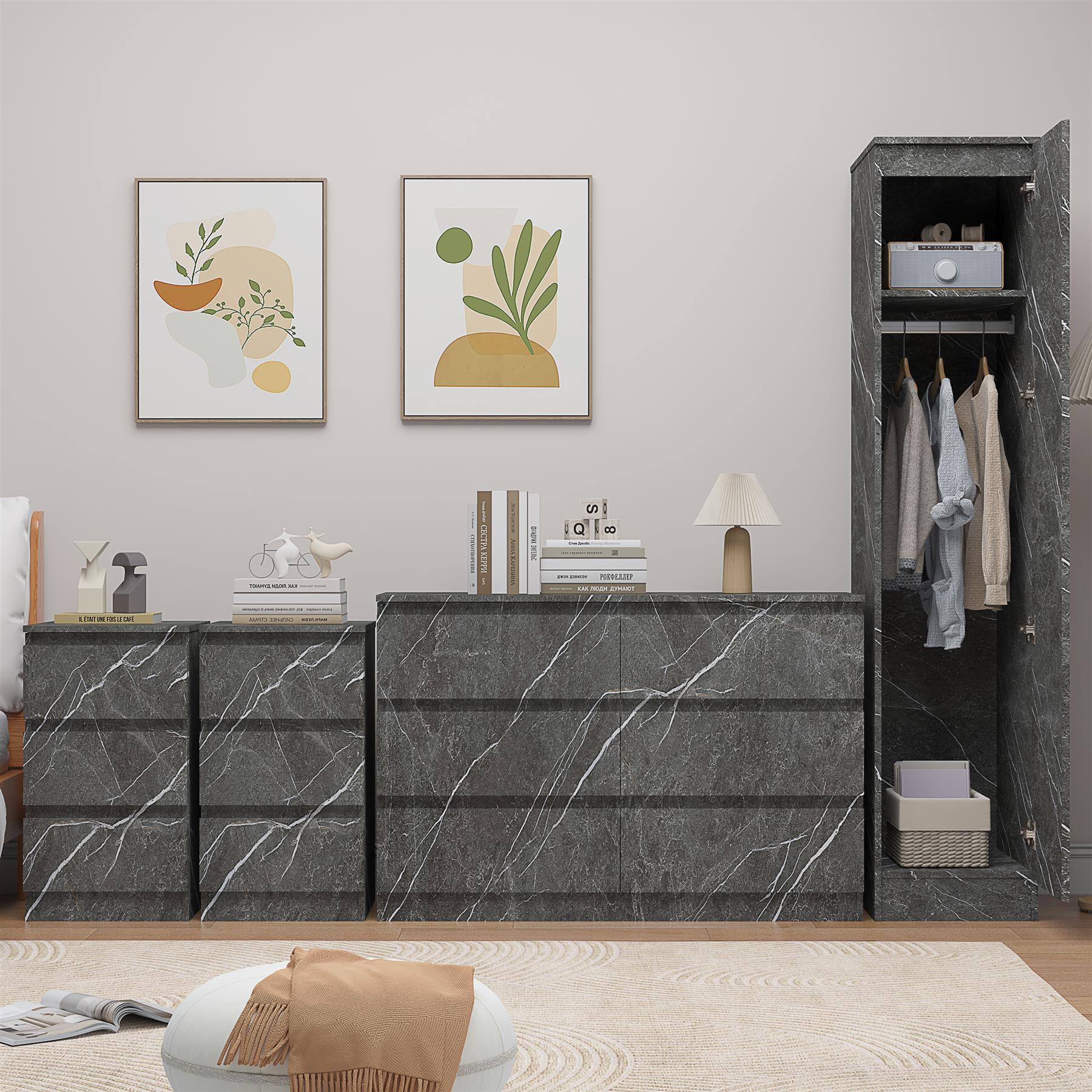 ZITA Grey Marble Effect 4pc Bedroom Set - 1-Door Wardrobe, Wide Chest & 2 Bedside Tables, Contemporary Bedroom Storage Solution