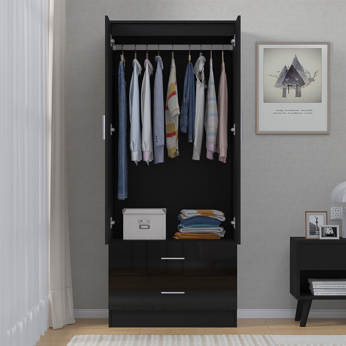 Reflect 2 Door 2 Drawer Combi Plain Wardrobe - Black Gloss & Black Oak - Hanging Rails, Drawers & Shelf