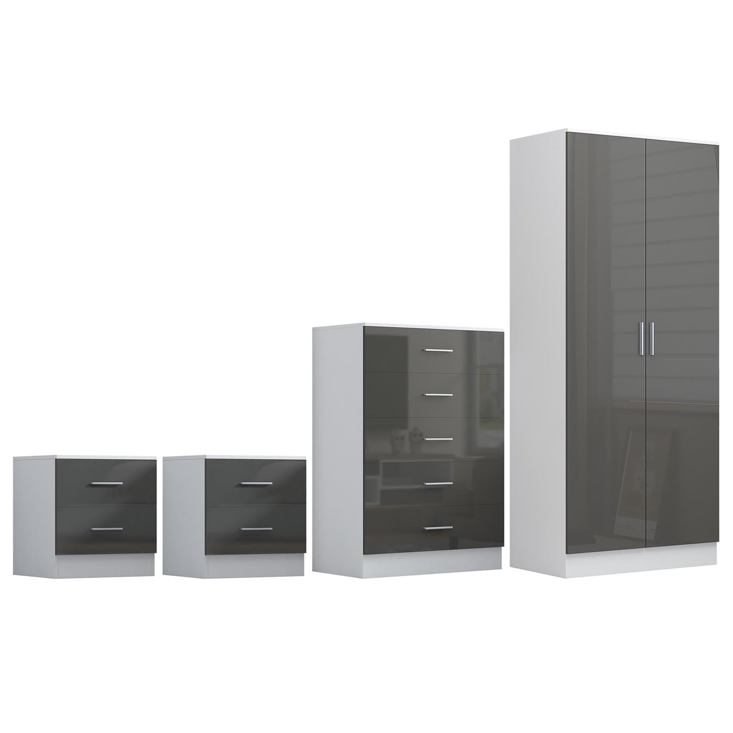 REFLECT Gloss 4pc Bedroom Set - 2 Door Wardrobe + 5 Draw Chest + 2 Bedsides