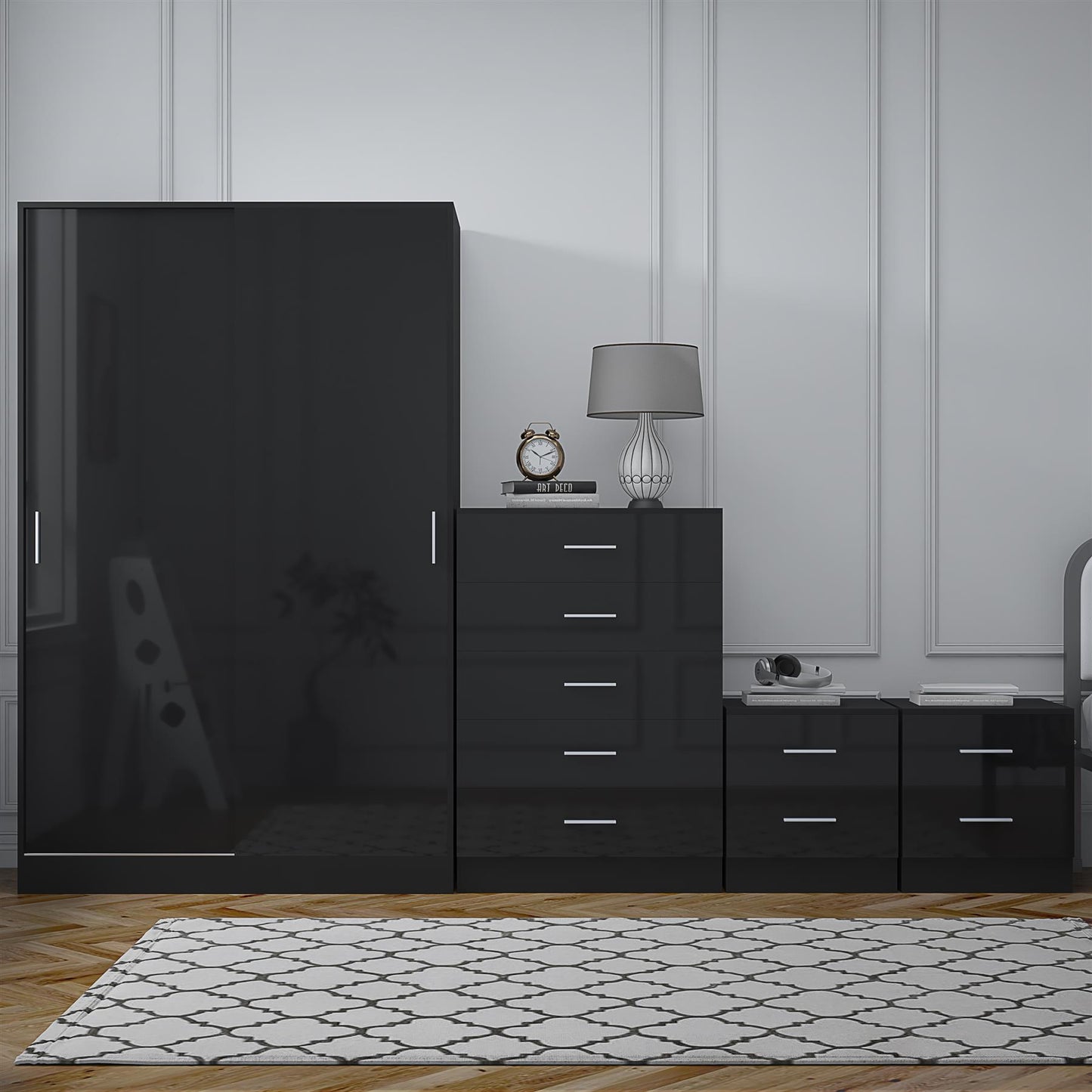 REFLECT Gloss 4pc Set - 2 Door Sliding Wardrobe + 5 Draw Chest + 2 Bedsides