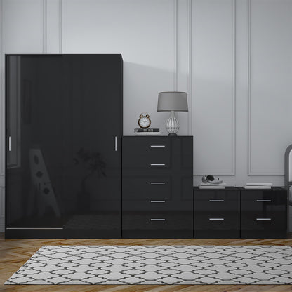 Reflect 2 Door Sliding Wardrobe, 5 Drawer Chest, 2x 2 Drawer Bedsides - Black Gloss & Black Oak - Modern Bedroom Furniture Set
