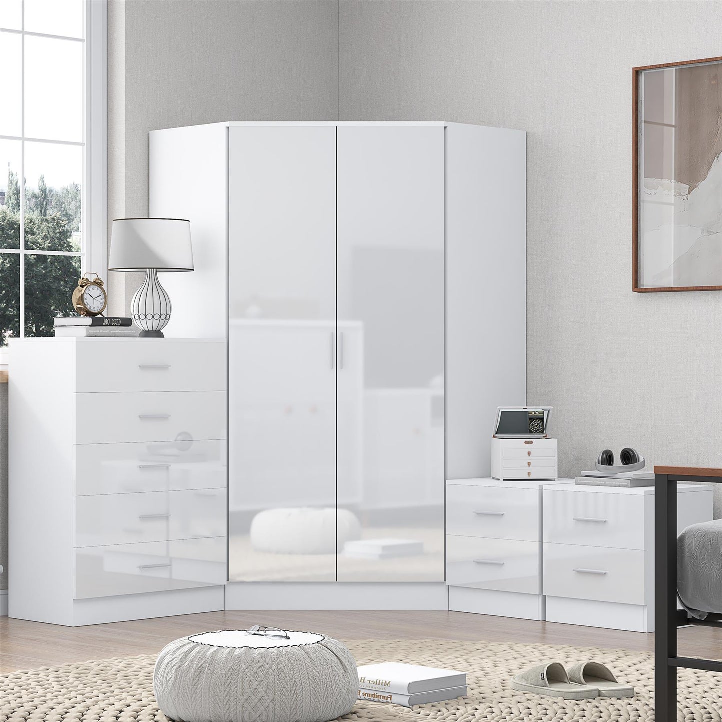 REFLECT Gloss 4pc Set - 2 Door Corner Wardrobe + 5 Draw Chest + 2 Bedsides