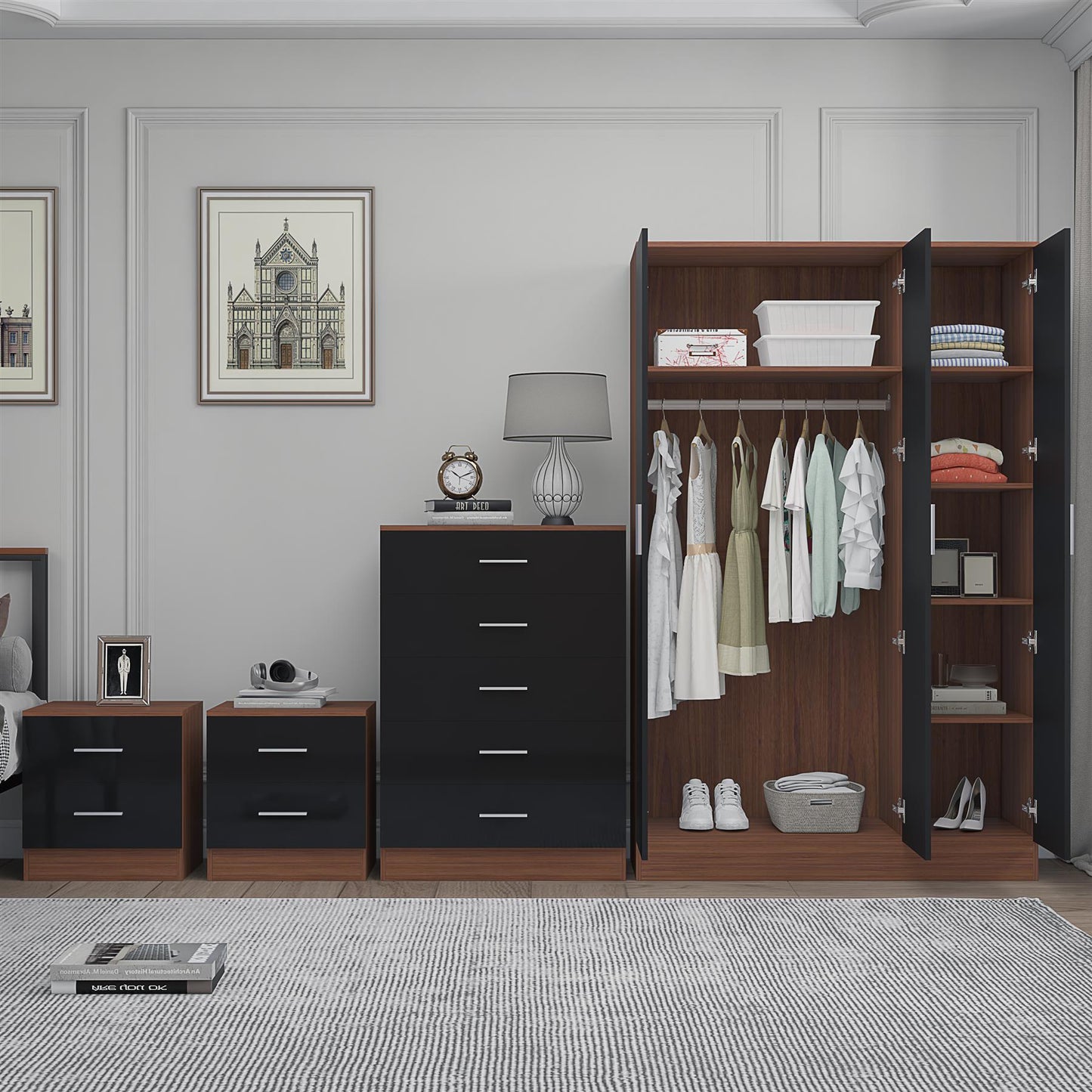 Reflect 3 Door Mirror Wardrobe, 5 Drawer Chest, 2x 2 Drawer Bedsides - Black Gloss & Walnut - Modern Bedroom Furniture Set