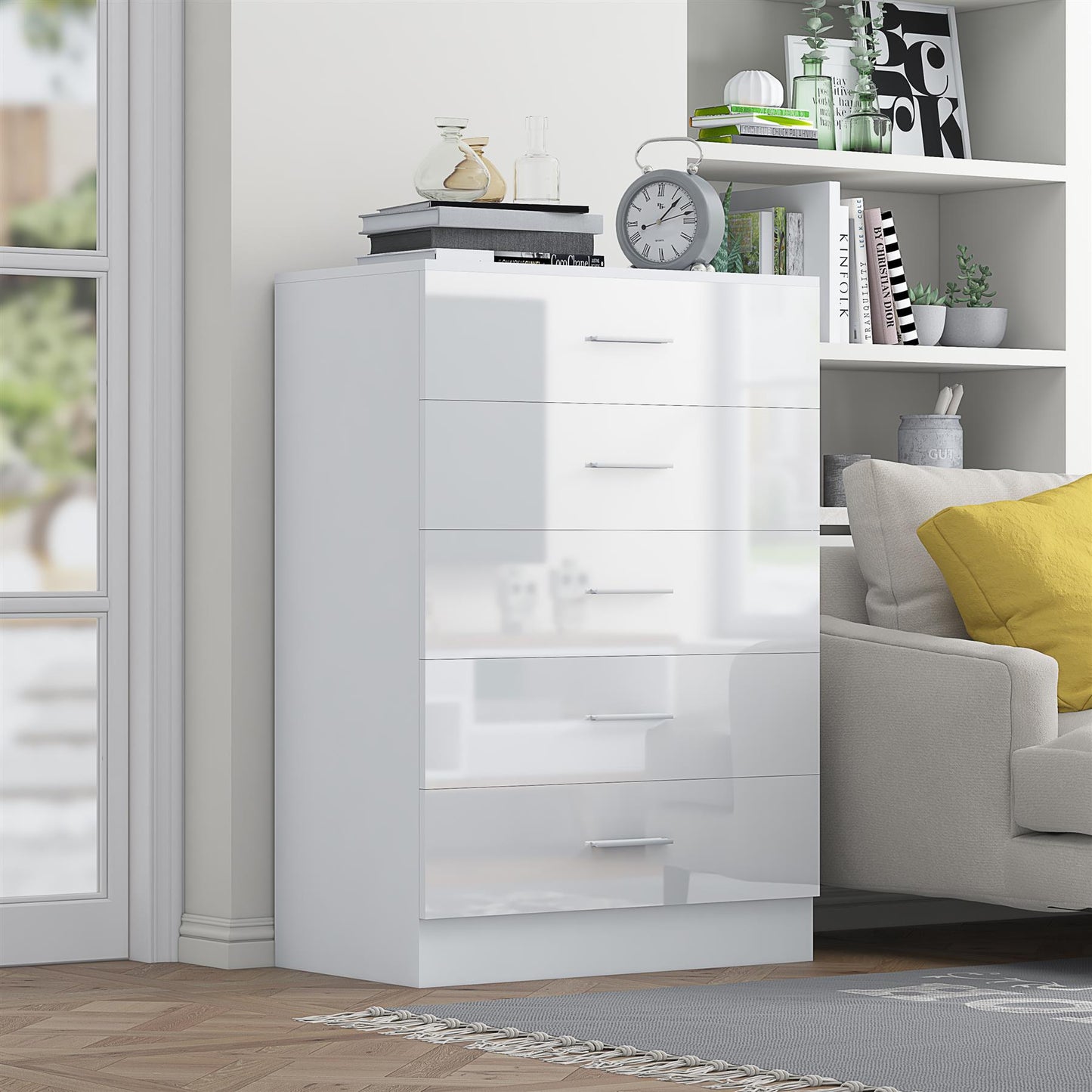 Reflect 5 Drawer Chest - White Gloss & Matt White - Modern Vertical Bedroom Storage Unit