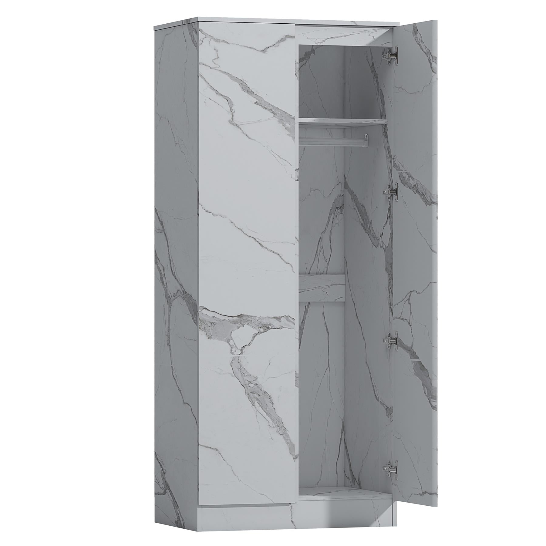 ZITA White Marble Effect 2 Door Plain Wardrobe - Bedroom Storage, Stylish and Spacious